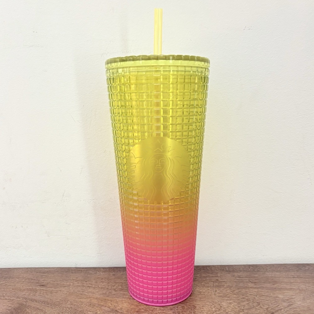 Starbucks Tumbler Cup Gradient Yellow Pink Textured Plastic Cold Cup Lid Venti